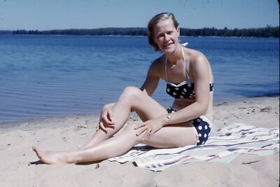#ad 1950s Kodachrome Red Border Pretty Blonde Woman in Polka Dot Bikini on the Beach $26.99