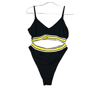 #ad One Piece Swimsuit Black Yellow High Leg Elastic Waistband Swimwear Bathing Suit $14.24