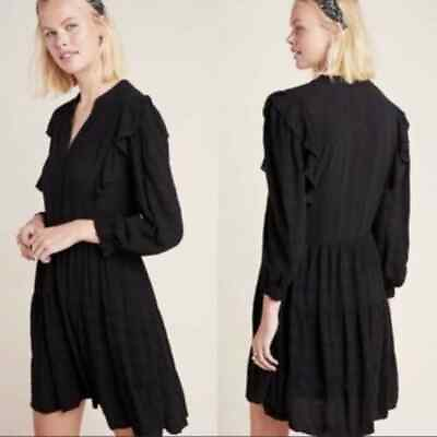 #ad Anthropologie Amadi Rossi Ruffled Tunic Dress Boho Dress Long Sleeve Black Small $34.99