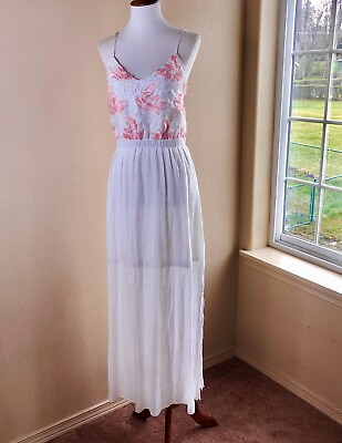 #ad Say What Boho Dress S White Peach Eyelash Embroidered Bodice Backless Sheer Midi $22.76
