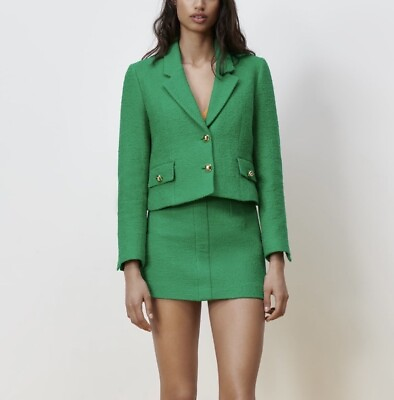 #ad NWT Zara Two Piece Green Textured Tweed Blazer Jacket Mini Skirt Suit Set Medium $119.00