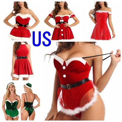 #ad US Sexy Women Sleeveless Velvet Christmas Dress Belt Mrs Santa Dance Dress Party $24.65