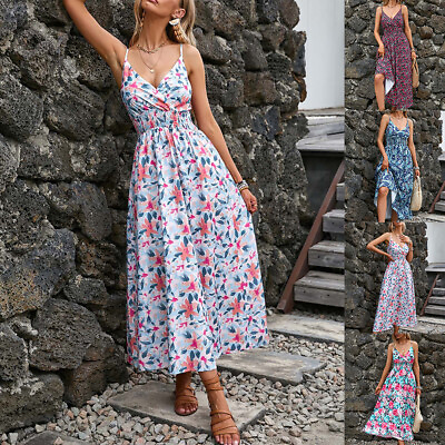 #ad Women V Neck Boho Floral Maxi Dress Holiday Beach Strappy Ruffle Swing Sundress $21.49