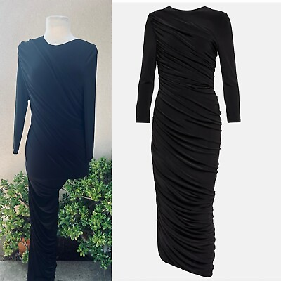 #ad Norma Kamali Maxi Dress Black Ruched Bodycon 40 L Stretch Jersey $65.00
