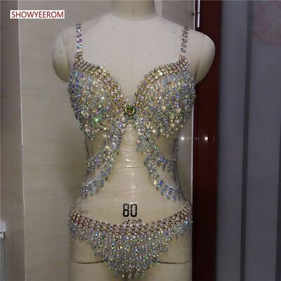 #ad Women sexy cute bikini bra rhinestone crystal dance nightclub set stage costume $276.91