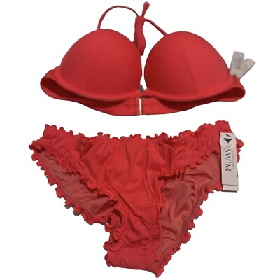 #ad Victoria Secret 36B Bombshell Push Up Bikini Top Cheeky S Ruch Bottom Set Coral $59.00