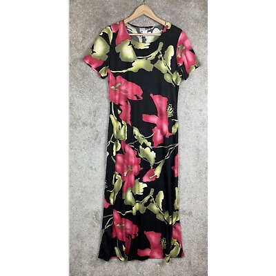 #ad Double Fault Vintage Dress Womens Large Black Floral Maxi Short Sleeve 90s 7538* $11.00