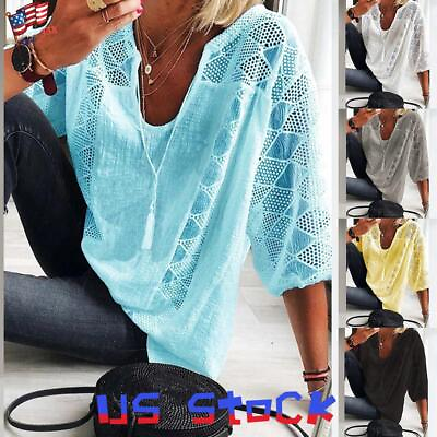 #ad Plus Size Women Lace Boho Tunic Tops Beach Cover Up Cotton Linen T Shirt Blouse $18.09