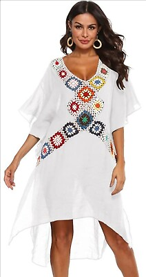 #ad White Beach Swim Coverup W Colorful Crochet Inserts OS Half Sleeve Pullover NWOT $22.50