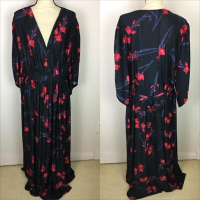 #ad Ellos Maxi Dress 2X 26 28 Womens Plus Navy Blue Red Floral Kimono Sleeve V neck $35.99