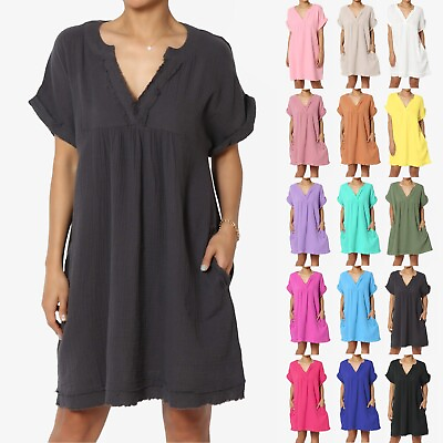 TheMogan Casual Loose Short Sleeve V Neck Cotton Gauze Babydoll Shift Mini Dress $27.99