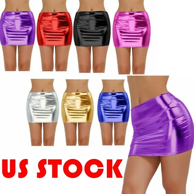 US Women Mini Skirt Shiny Metallic Wet look Body con Party Short Dress Clubwear $7.43