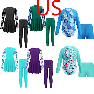#ad US Kid Girls 2PCS Swimsuit Long Sleeve Swim Dress with Pants Full Cover Swimwear $16.19