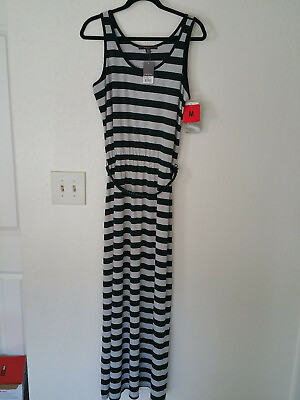 #ad New Fever Black Silver Maxi Dress Striped Sleeveless Belted Casual Long Tank $15.99