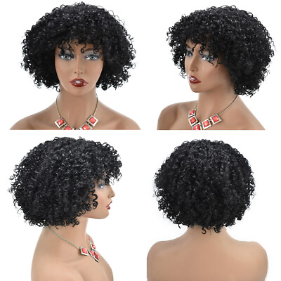 Afro Kinky Curly Wigs for Black Women Soft Short Human Hair with Bangs Natural $18.00