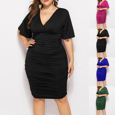 #ad Plus Size Women#x27;s Half Sleeve Bodycon Midi Dress V Neck Evening Party Dresses $21.79