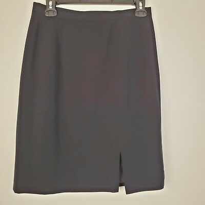 #ad Black Pencil Work Career Lined Skirt Zip Back Front Slit Knee Length 8P $15.10