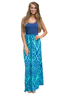 #ad Sleeveless Long Boho Dress Woman Size quot;Squot; quot;Lquot; quot;XLquot; Blue Damask Print $15.95
