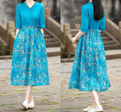 #ad Women Cotton Linen Clothing Floral Maxi Dress Short Sleeve Pocket Belt $15.00
