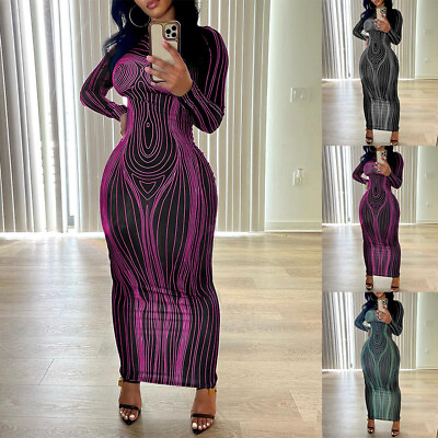 #ad Women Print Bodycon Party Maxi Dress Sexy Long Sleeve Long Dresses Clubwear US $27.64