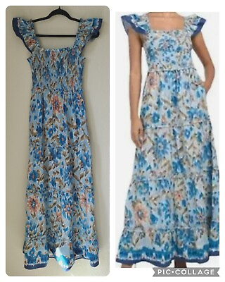 #ad House of Harlow 1960 Zoey Smocked Blue Floral Tiered Maxi Dress XS Ruffles $26.24