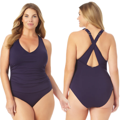 #ad NEW Anne Cole V Neck Cross Back One Piece Swimsuit Plus Size 20W Navy Blue $35.00