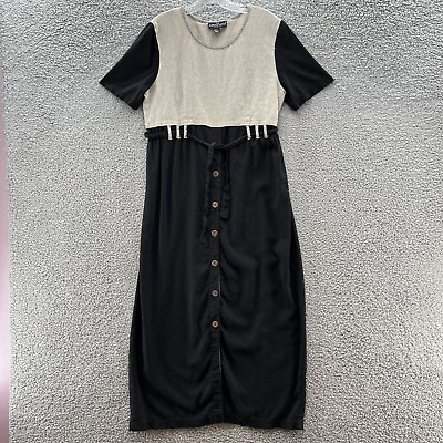 Vintage Carole Little Dress Women 14 Black Tan 80s Short Sleeve Midi Sheath $24.90