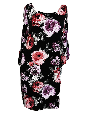 Roz amp; Ali Black Dress 2X Purple Pink FLORAL print stretch 3 4 bell sleeve NWOT $17.99