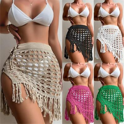 #ad #ad Women Beach Sarong Sheer Cover Up Drawstrigng Crochet Knitted Tassel Mini Skirt $16.31