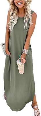 #ad ANRABESS Women#x27;s Casual Loose Pocket Long Dress Sleeveless Split Maxi Dresses $67.73