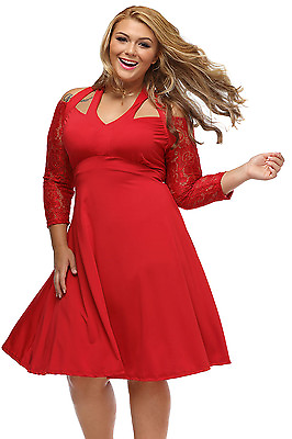 #ad Ladies Evening Red Alluring Lace Sleeve Swing Party Plus Size Dress 14 16 18 GBP 21.99