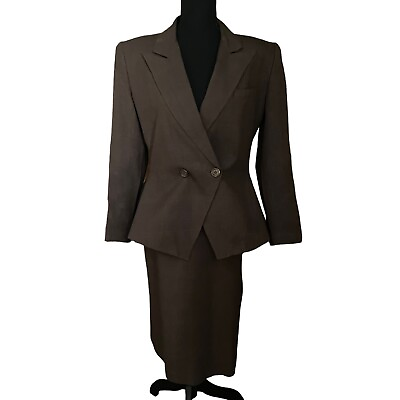 #ad SARAH TAYLOR Women#x27;s Brown Plaid Dbl Breasted Blazer Jacket Skirt Suit Size 6 $22.95