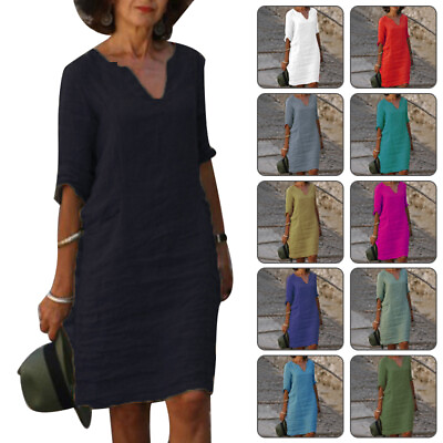 #ad Womens Short Sleeve Cotton Linen Midi Dress Ladies Solid V Neck Baggy Sundress $18.26