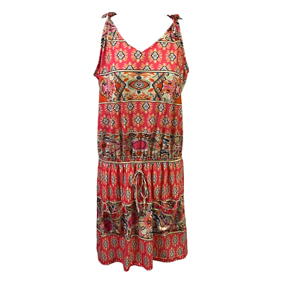 #ad Womens Sundress Multicolor Mixed Print Pockets Sleeveless Casual Boho L New $17.99