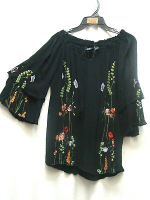 Embroidered Blouse Black Renaissance Fair RenFaire Boho style PLUS sizes S XL $19.20