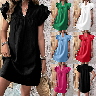 #ad #ad Womens Ruffle Party V Neck Mini Dress Ladies Summer Beach Casual Loose Sundress $23.49