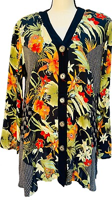 Vtg Carol Little Long Sleeve Button Front Tunic Top Bright Tropical Florals Sz 4 $45.00