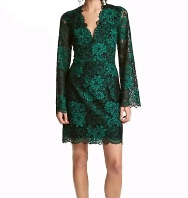 #ad Hamp;M Green Lace V Neck Cocktail Dress Size UK 6 or 8. Long Sleeves. GBP 18.00