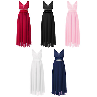 #ad Kids Party Dress Girls Elegant Lace Chiffon Sleeveless V Neck Shiny waist Dress $9.98