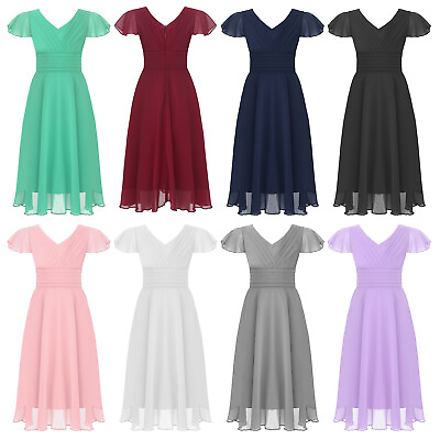 Girls Solid Chiffon Party Dress V Neck Ruffle Wedding Party Dresses Maxi Gowns $20.80