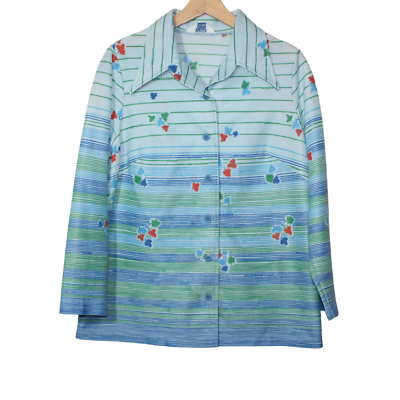 Vintage 70s Sears womens button front shirt size L blue striped floral stretch $24.00