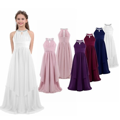 #ad Girls Sequined Halter Chiffon Wedding Flower Girl Dress Evening Prom Party Gown $28.60