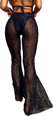 #ad SOLY HUX Women#x27;s High Waist Sheer Mesh Swimsuit Cover up Pants See Through Wide $77.57