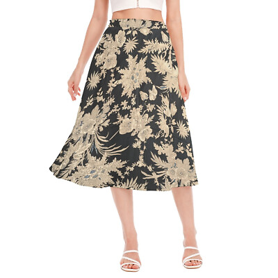 #ad Cotton Midi Skirt Women Knee Length Black Floral Soft Pleated Skirt Casual Dress $27.99