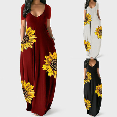 Womens Sunflower Long Maxi Dress Baggy Loose Pockets Sleeveless Kaftan Sundress $21.80