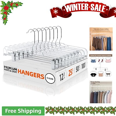 #ad 25 Pack Clear Plastic Skirt Hangers with Clips Non Slip Space Saving Design $50.99