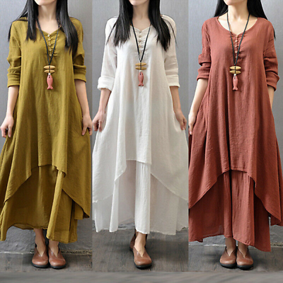 #ad Women Vintage Long Sleeve Cotton Loose Long Maxi Dress Kaftan V Neck Boho Dress $31.49
