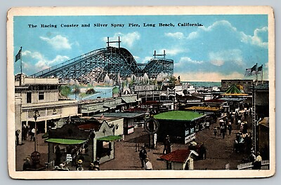 #ad Long Beach CA California Racing Coaster and Silver Spray Pier Vintage Postcard $8.44