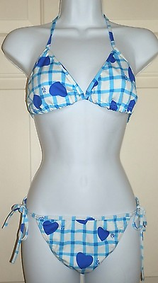 #ad #ad New Juniors Medium Blue String Bikini Poly Spandex Swim Suit Hearts I Love You $8.00