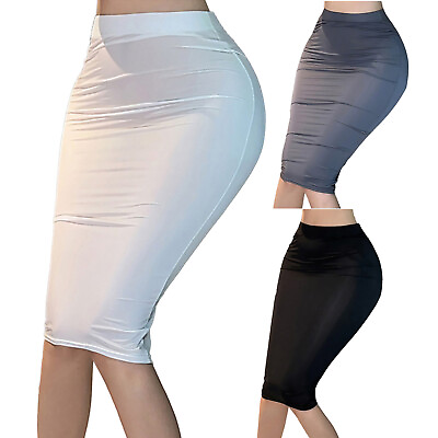 #ad US Women#x27;s High Rise Silky Stretch Pencil Skirt Knee Length Midi Straight Skirt $9.29